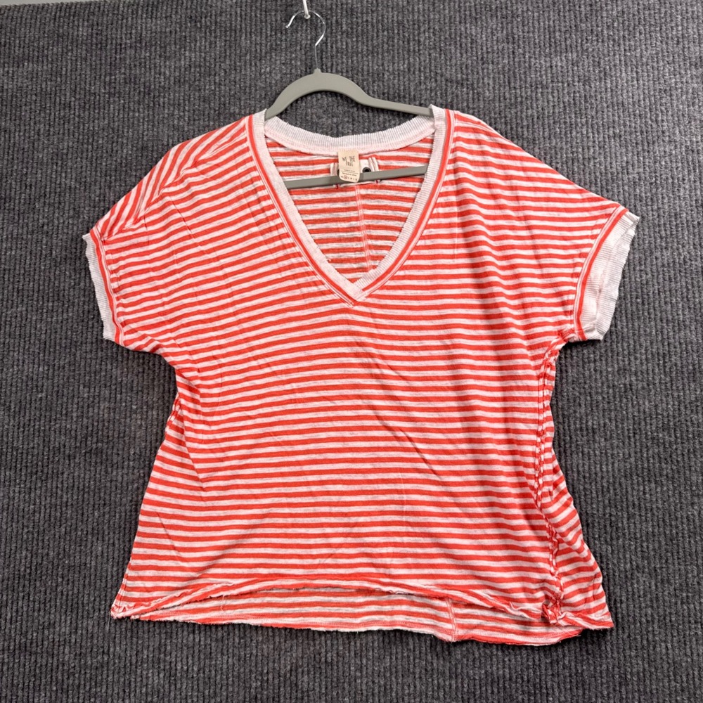 We The Free T-Shirt Womens XS Orange‎ Striped V-Neck Linen Blend Boxy Tee